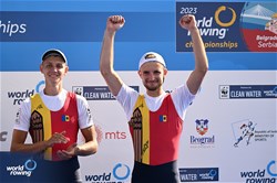 Dmitrii Zincenco (b), Nichita Naumciuc (s), Lightweight Men's Pair, Republic of Moldova, Bronze, 2023 World Rowing Championships, Belgrade, Serbia © Detlev Seyb / MyRowingPhoto.com
