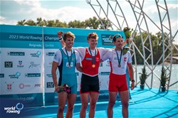 Andri Struzina, Lightweight Men's Single Sculls, Switzerland, Gold, Niels Torre, Italy, Silver, Artur Mikolajczewski, Poland, Bronze, 2023 World Rowing Championships, Belgrade, Serbia © World Rowing/Benedict Tufnell