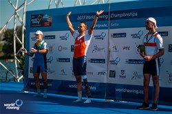 Cornelis De Koning, PR2 Men's Single Sculls, Netherlands, Gold, Gian Filippo Mirabile, Italy, Silver, Paul Umbach, Germany, Bronze, 2023 World Rowing Championships, Belgrade, Serbia © World Rowing/Benedict Tufnell