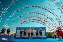 Nikki Ayers (b), Jed Altschwager (s), PR3 Mixed Double Sculls, Australia, Gemma Wollenschlaeger (b), Todd Vogt (s), United States of America, Silver, Elur Alberdi (b), Laurent Cadot (s), France, Bronze, 2023 World Rowing Championships, Belgrade, Serbia © World Rowing/Benedict Tufnell