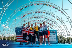 Nikki Ayers (b), Jed Altschwager (s), PR3 Mixed Double Sculls, Australia, Gemma Wollenschlaeger (b), Todd Vogt (s), United States of America, Silver, Elur Alberdi (b), Laurent Cadot (s), France, Bronze, 2023 World Rowing Championships, Belgrade, Serbia © World Rowing/Benedict Tufnell