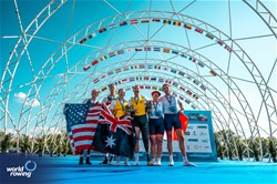 Nikki Ayers (b), Jed Altschwager (s), PR3 Mixed Double Sculls, Australia, Gemma Wollenschlaeger (b), Todd Vogt (s), United States of America, Silver, Elur Alberdi (b), Laurent Cadot (s), France, Bronze, 2023 World Rowing Championships, Belgrade, Serbia © World Rowing/Benedict Tufnell