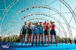 Francesco Bardelli (b), Stefano Pinsone (s), Lightweight Men's Pair, Italy, Gold, 2023 World Rowing Championships, Bence Szabo (b), Kalman Furko (s), Hungary, Silver, Dmitrii Zincenco (b), Nichita Naumciuc (s), Republic of Moldova, Bronze, Belgrade, Serbia © World Rowing/Benedict Tufnell