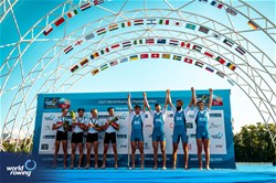 Pietro Ruta (b), Luca Borgonovo, Nicolo' Demiliani, Matteo Tonelli (s), Lightweight Men's Quadruple Sculls, Italy, Gold, Max Von Buelow (b), Simon Klueter, Fabio Kress, Joachim Agne (s), Germany, Silver, 2023 World Rowing Championships, Belgrade, Serbia © World Rowing/Benedict Tufnell