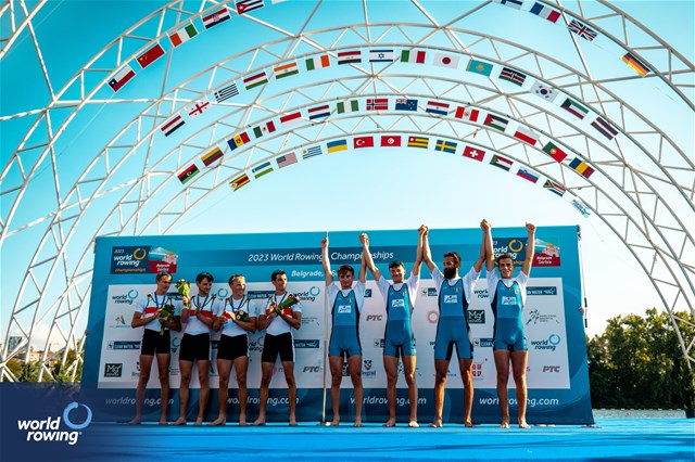 Pietro Ruta (b), Luca Borgonovo, Nicolo' Demiliani, Matteo Tonelli (s), Lightweight Men's Quadruple Sculls, Italy, Gold, Max Von Buelow (b), Simon Klueter, Fabio Kress, Joachim Agne (s), Germany, Silver, 2023 World Rowing Championships, Belgrade, Serbia © World Rowing/Benedict Tufnell