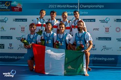 Pietro Ruta (b), Luca Borgonovo, Nicolo' Demiliani, Matteo Tonelli (s), Lightweight Men's Quadruple Sculls, Italy, Gold, Max Von Buelow (b), Simon Klueter, Fabio Kress, Joachim Agne (s), Germany, Silver, 2023 World Rowing Championships, Belgrade, Serbia © World Rowing/Benedict Tufnell