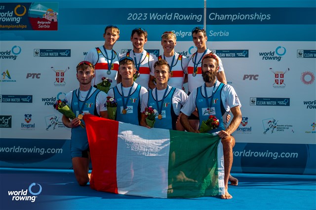 Pietro Ruta (b), Luca Borgonovo, Nicolo' Demiliani, Matteo Tonelli (s), Lightweight Men's Quadruple Sculls, Italy, Gold, Max Von Buelow (b), Simon Klueter, Fabio Kress, Joachim Agne (s), Germany, Silver, 2023 World Rowing Championships, Belgrade, Serbia © World Rowing/Benedict Tufnell