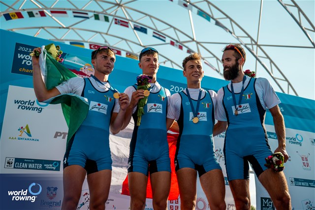 Pietro Ruta (b), Luca Borgonovo, Nicolo' Demiliani, Matteo Tonelli (s), Lightweight Men's Quadruple Sculls, Italy, Gold, 2023 World Rowing Championships, Belgrade, Serbia © World Rowing/Benedict Tufnell