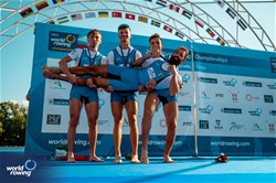 Pietro Ruta (b), Luca Borgonovo, Nicolo' Demiliani, Matteo Tonelli (s), Lightweight Men's Quadruple Sculls, Italy, Gold, 2023 World Rowing Championships, Belgrade, Serbia © World Rowing/Benedict Tufnell