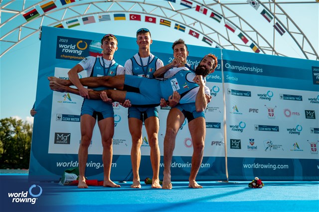Pietro Ruta (b), Luca Borgonovo, Nicolo' Demiliani, Matteo Tonelli (s), Lightweight Men's Quadruple Sculls, Italy, Gold, 2023 World Rowing Championships, Belgrade, Serbia © World Rowing/Benedict Tufnell