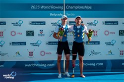 Andrii Syvykh (b), Ivan Kupriichuk (s), PR3 Men's Pair, Ukraine, Gold, 2023 World Rowing Championships, Belgrade, Serbia © World Rowing/Benedict Tufnell