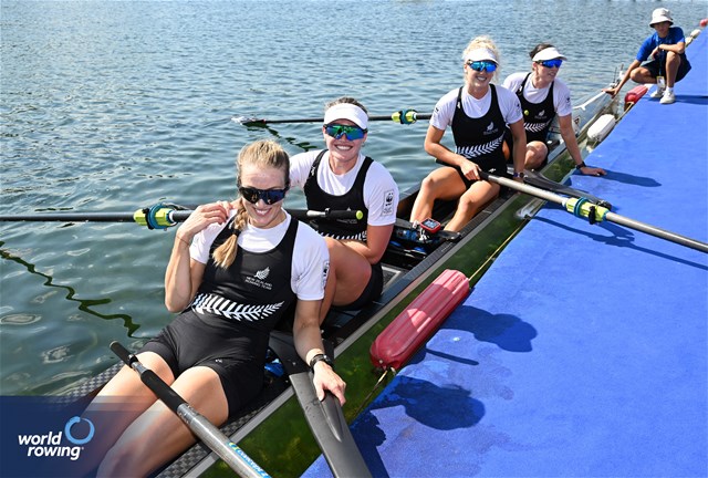 Davina Waddy (b), Ella Cossill, Jackie Gowler, Phoebe Spoors (s), Women's Four, New Zealand, 2023 World Rowing Championships, Belgrade, Serbia © Detlev Seyb / MyRowingPhoto.com