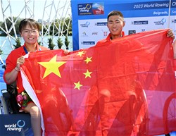Shuang Liu (b), Liang Luo (s), PR2 Mixed Double Sculls, People's Republic of China, Silver, 2023 World Rowing Championships, Belgrade, Serbia © Detlev Seyb / MyRowingPhoto.com