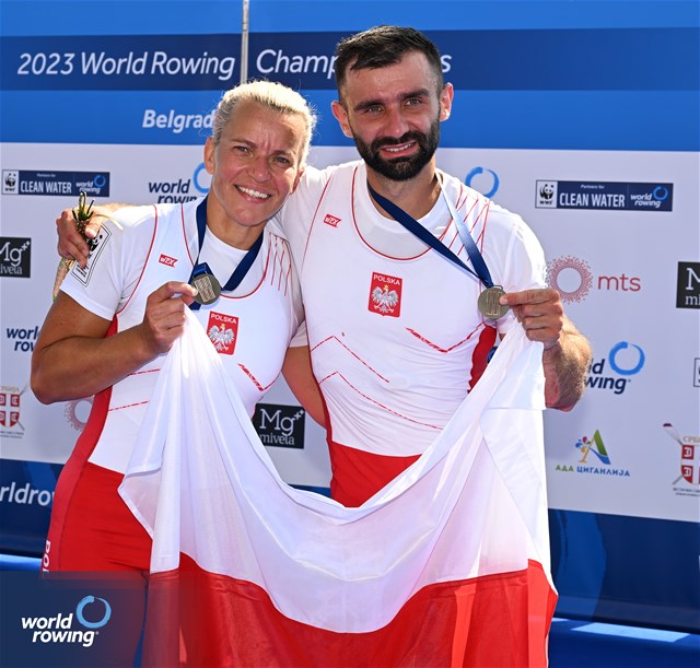 Jolanta Majka (b), Michal Gadowski (s), PR2 Mixed Double Sculls, Poland, Bronze, 2023 World Rowing Championships, Belgrade, Serbia © Detlev Seyb / MyRowingPhoto.com