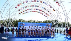 Francesca Allen (b), Morgan Fice-Noyes, Giedre Rakauskaite, Edward Fuller (s), Erin Kennedy (c), PR3 Mixed Coxed Four , Great Britain, Gold, Skylar Dahl (b), Saige Harper, Alex Flynn, Benjamin Washburne (s), Emelie Eldracher (c), United States of America, Silver, Susanne Lackner (b), Jan Helmich, Marc Lembeck, Kathrin Marchand (s), Inga Thoene (c), Germany, Bronze, 2023 World Rowing Championships, Belgrade, Serbia © Detlev Seyb / MyRowingPhoto.com
