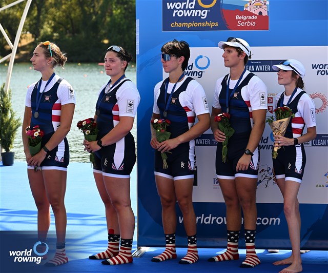 Skylar Dahl (b), Saige Harper, Alex Flynn, Benjamin Washburne (s), Emelie Eldracher (c), PR3 Mixed Coxed Four , United States of America, Silver, 2023 World Rowing Championships, Belgrade, Serbia © Detlev Seyb / MyRowingPhoto.com