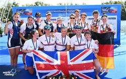 Francesca Allen (b), Morgan Fice-Noyes, Giedre Rakauskaite, Edward Fuller (s), Erin Kennedy (c), PR3 Mixed Coxed Four , Great Britain, Gold, Skylar Dahl (b), Saige Harper, Alex Flynn, Benjamin Washburne (s), Emelie Eldracher (c), United States of America, Silver, Susanne Lackner (b), Jan Helmich, Marc Lembeck, Kathrin Marchand (s), Inga Thoene (c), Germany, Bronze, 2023 World Rowing Championships, Belgrade, Serbia © Detlev Seyb / MyRowingPhoto.com