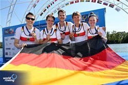 Susanne Lackner (b), Jan Helmich, Marc Lembeck, Kathrin Marchand (s), Inga Thoene (c), PR3 Mixed Coxed Four , Germany, 2023 World Rowing Championships, Belgrade, Serbia © Detlev Seyb / MyRowingPhoto.com