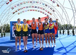 Ymkje Clevering (b), Veronique Meester (s), Women's Pair, Netherlands, Gold, Jessica Morrison (b), Annabelle Mcintyre (s), Australia, Silver, Ioana Vrinceanu (b), Roxana Anghel (s), Romania, Bronze, 2023 World Rowing Championships, Belgrade, Serbia © Detlev Seyb / MyRowingPhoto.com