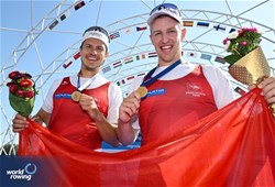 Roman Roeoesli (b), Andrin Gulich (s), Men's Pair, Switzerland, Gold, 2023 World Rowing Championships, Belgrade, Serbia © Detlev Seyb / MyRowingPhoto.com