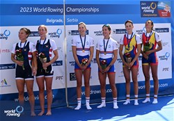 Emily Craig (b), Imogen Grant (s), Lightweight Women's Double Sculls, Great Britain, Gold, Michelle Sechser (b), Mary Jones (s), United States of America, Silver, Mariana-Laura Dumitru (b), Ionela Cozmiuc (s), Romania, Bronze, 2023 World Rowing Championships, Belgrade, Serbia © Detlev Seyb / MyRowingPhoto.com