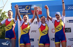 Madalina Beres (b), Maria Tivodariu, Magdalena Rusu, Amalia Beres (s), Women's Four, Romania, Silver, 2023 World Rowing Championships, Belgrade, Serbia © Detlev Seyb / MyRowingPhoto.com