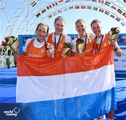 Marloes Oldenburg (b), Hermijntje Drenth, Tinka Offereins, Benthe Boonstra (s), Women's Four, Netherlands, Gold, 2023 World Rowing Championships, Belgrade, Serbia © Detlev Seyb / MyRowingPhoto.com
