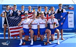 Oliver Wilkes (b), David Ambler, Matthew Aldridge, Freddie Davidson (s), Men's Four, Great Britain, Gold, Justin Best (b), Nicholas Mead, Michael Grady, Liam Corrigan (s), United States of America, Silver, Ollie Fitzroy Maclean (b), Logan Ullrich, Tom Murray, Matt Macdonald (s), New Zealand, Bronze, 2023 World Rowing Championships, Belgrade, Serbia © Detlev Seyb / MyRowingPhoto.com
