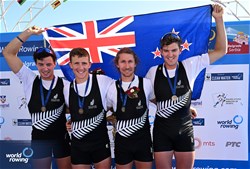 Ollie Fitzroy Maclean (b), Logan Ullrich, Tom Murray, Matt Macdonald (s), Men's Four, New Zealand, Bronze, 2023 World Rowing Championships, Belgrade, Serbia © Detlev Seyb / MyRowingPhoto.com