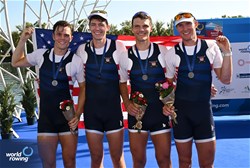 Justin Best (b), Nicholas Mead, Michael Grady, Liam Corrigan (s), Men's Four, United States of America, Silver, 2023 World Rowing Championships, Belgrade, Serbia © Detlev Seyb / MyRowingPhoto.com
