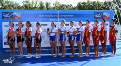 Lauren Henry (b), Hannah Scott, Lola Anderson, Georgina Brayshaw (s), Women's Quadruple Sculls, Great Britain, Gold, Roos De Jong (b), Tessa Dullemans, Laila Youssifou, Bente Paulis (s), Netherlands, Silver, Yunxia Chen (b), Ling Zhang, Yang Lyu, Xiaotong Cui (s), People's Republic of China, Bronze, 2023 World Rowing Championships, Belgrade, Serbia © Detlev Seyb / MyRowingPhoto.com