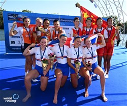 Lauren Henry (b), Hannah Scott, Lola Anderson, Georgina Brayshaw (s), Women's Quadruple Sculls, Great Britain, Gold, Roos De Jong (b), Tessa Dullemans, Laila Youssifou, Bente Paulis (s), Netherlands, Silver, Yunxia Chen (b), Ling Zhang, Yang Lyu, Xiaotong Cui (s), People's Republic of China, Bronze, 2023 World Rowing Championships, Belgrade, Serbia © Detlev Seyb / MyRowingPhoto.com