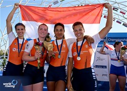 Roos De Jong (b), Tessa Dullemans, Laila Youssifou, Bente Paulis (s), Women's Quadruple Sculls, Netherlands, Silver, 2023 World Rowing Championships, Belgrade, Serbia © Detlev Seyb / MyRowingPhoto.com