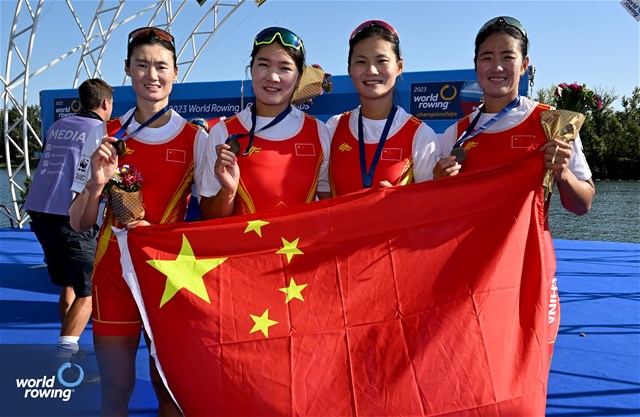 Yunxia Chen (b), Ling Zhang, Yang Lyu, Xiaotong Cui (s), Women's Quadruple Sculls, People's Republic of China, Bronze, 2023 World Rowing Championships, Belgrade, Serbia © Detlev Seyb / MyRowingPhoto.com