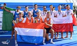 Lennart Van Lierop (b), Finn Florijn, Tone Wieten, Koen Metsemakers (s), Men's Quadruple Sculls, Netherlands, Gold,Nicolo' Carucci (b), Andrea Panizza, Luca Chiumento, Giacomo Gentili (s), Italy, Silver, Dominik Czaja (b), Mateusz Biskup, Miroslaw Zietarski, Fabian Baranski (s), Poland, Bronze, 2023 World Rowing Championships, Belgrade, Serbia © Detlev Seyb / MyRowingPhoto.com