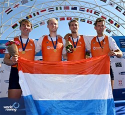 Lennart Van Lierop (b), Finn Florijn, Tone Wieten, Koen Metsemakers (s), Men's Quadruple Sculls, Netherlands, Gold, 2023 World Rowing Championships, Belgrade, Serbia © Detlev Seyb / MyRowingPhoto.com