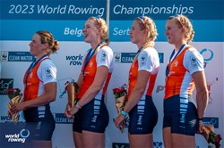 Marloes Oldenburg (b), Hermijntje Drenth, Tinka Offereins, Benthe Boonstra (s), Women's Four, Netherlands, Gold, 2023 World Rowing Championships, Belgrade, Serbia © World Rowing/Benedict Tufnell