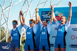 Nicolo' Carucci (b), Andrea Panizza, Luca Chiumento, Giacomo Gentili (s), Men's Quadruple Sculls, Italy, Silver, 2023 World Rowing Championships, Belgrade, Serbia © World Rowing/Benedict Tufnell