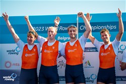 Lennart Van Lierop (b), Finn Florijn, Tone Wieten, Koen Metsemakers (s), Men's Quadruple Sculls, Netherlands, Gold, 2023 World Rowing Championships, Belgrade, Serbia © World Rowing/Benedict Tufnell