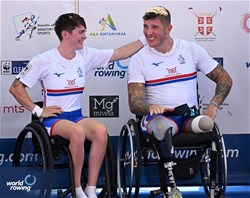 Lauren Rowles (b), Gregg Stevenson (s), PR2 Mixed Double Sculls, Great Britain, Gold, 2023 World Rowing Championships, Belgrade, Serbia © Detlev Seyb / MyRowingPhoto.com