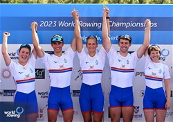 Francesca Allen (b), Morgan Fice-Noyes, Giedre Rakauskaite, Edward Fuller (s), Erin Kennedy (c), PR3 Mixed Coxed Four , Great Britain, Gold, 2023 World Rowing Championships, Belgrade, Serbia © Detlev Seyb / MyRowingPhoto.com