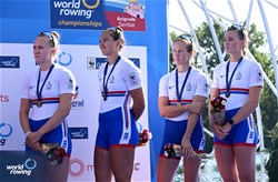 Heidi Long (b), Rowan Mckellar, Helen Glover, Rebecca Shorten (s), Women's Four, Great Britain, Bronze, 2023 World Rowing Championships, Belgrade, Serbia © Detlev Seyb / MyRowingPhoto.com