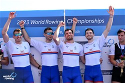 Oliver Wilkes (b), David Ambler, Matthew Aldridge, Freddie Davidson (s), Men's Four, Great Britain, Gold, 2023 World Rowing Championships, Belgrade, Serbia © Detlev Seyb / MyRowingPhoto.com