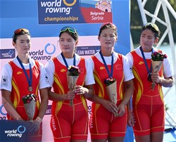 Yunxia Chen (b), Ling Zhang, Yang Lyu, Xiaotong Cui (s), Women's Quadruple Sculls, People's Republic of China, Bronze, 2023 World Rowing Championships, Belgrade, Serbia © Detlev Seyb / MyRowingPhoto.com