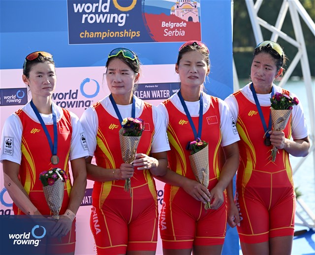 Yunxia Chen (b), Ling Zhang, Yang Lyu, Xiaotong Cui (s), Women's Quadruple Sculls, People's Republic of China, Bronze, 2023 World Rowing Championships, Belgrade, Serbia © Detlev Seyb / MyRowingPhoto.com