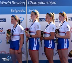 Lauren Henry (b), Hannah Scott, Lola Anderson, Georgina Brayshaw (s), Women's Quadruple Sculls, Great Britain, Gold, 2023 World Rowing Championships, Belgrade, Serbia © Detlev Seyb / MyRowingPhoto.com