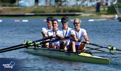 Francesca Allen (b), Morgan Fice-Noyes, Giedre Rakauskaite, Edward Fuller (s), Erin Kennedy (c), PR3 Mixed Coxed Four , Great Britain, Gold, 2023 World Rowing Championships, Belgrade, Serbia © Maren Derlien / MyRowingPhoto.com