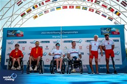 Lauren Rowles (b), Gregg Stevenson (s), PR2 Mixed Double Sculls, Great Britain, Gold, Shuang Liu (b), Liang Luo (s), People's Republic of China, Silver, Jolanta Majka (b), Michal Gadowski (s), Poland, Bronze, 2023 World Rowing Championships, Belgrade, Serbia © World Rowing/Benedict Tufnell