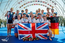 Francesca Allen (b), Morgan Fice-Noyes, Giedre Rakauskaite, Edward Fuller (s), Erin Kennedy (c), PR3 Mixed Coxed Four , Great Britain, Gold, Skylar Dahl (b), Saige Harper, Alex Flynn, Benjamin Washburne (s), Emelie Eldracher (c), United States of America, Silver, Susanne Lackner (b), Jan Helmich, Marc Lembeck, Kathrin Marchand (s), Inga Thoene (c), Germany, Bronze, 2023 World Rowing Championships, Belgrade, Serbia © World Rowing/Benedict Tufnell