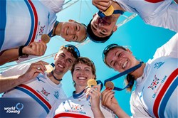 Francesca Allen (b), Morgan Fice-Noyes, Giedre Rakauskaite, Edward Fuller (s), Erin Kennedy (c), PR3 Mixed Coxed Four , Great Britain, Gold, 2023 World Rowing Championships, Belgrade, Serbia © World Rowing/Benedict Tufnell